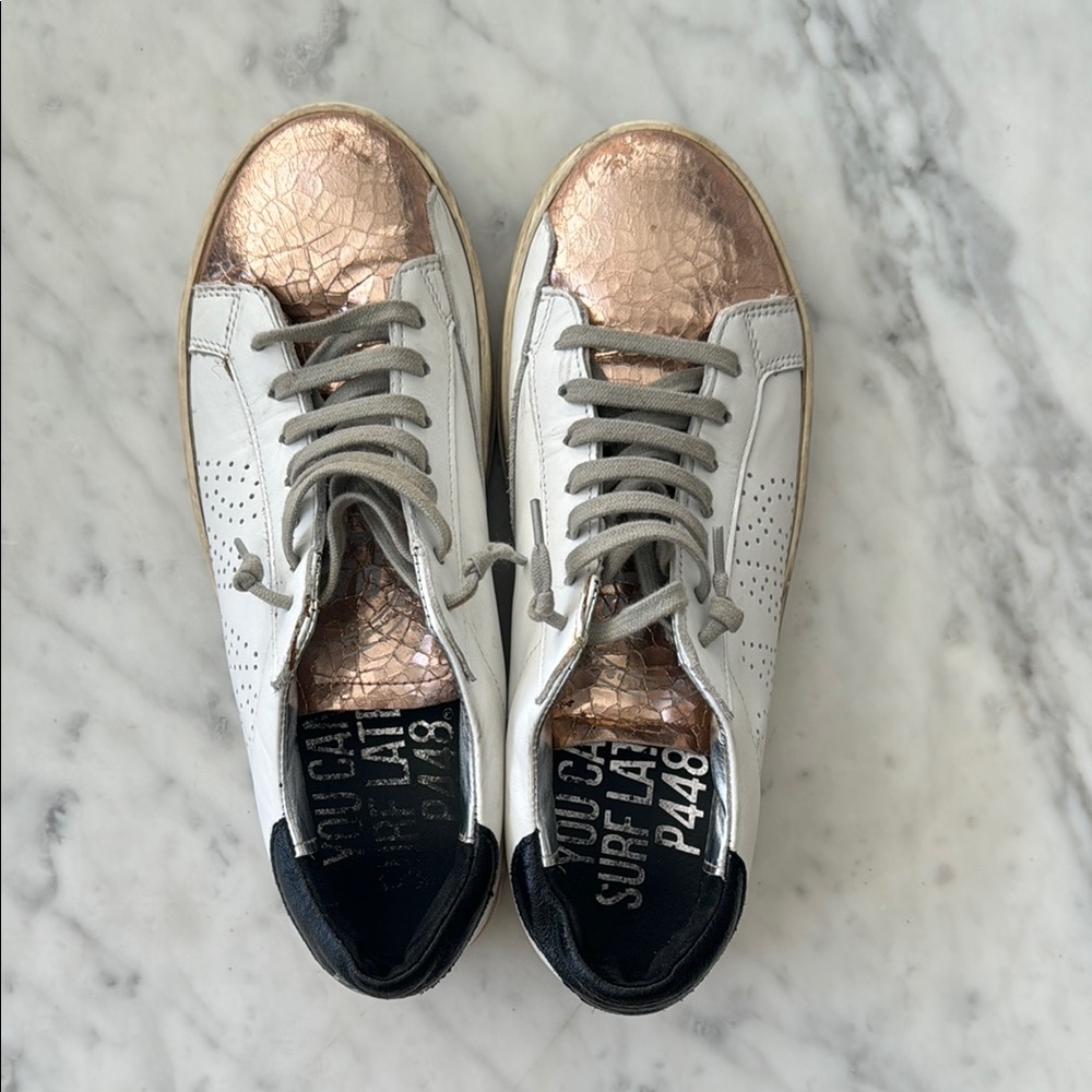 P448 Women's White and Rose Gold Sneakers